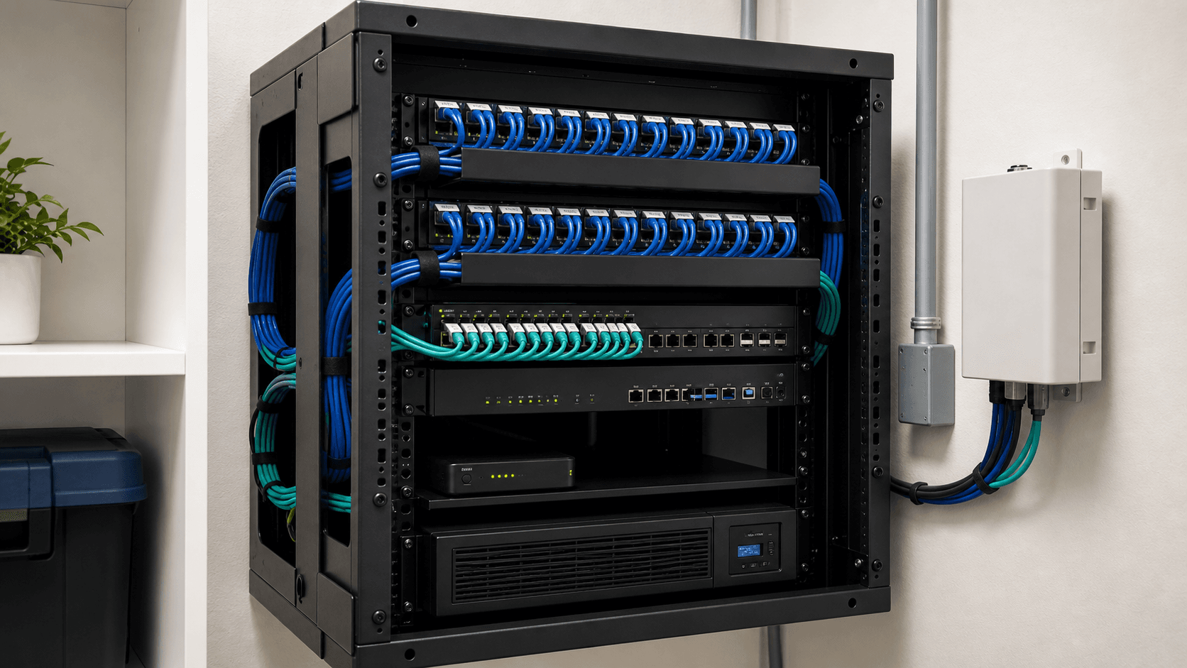 Organized small-business network rack with labeled blue and teal patch cables