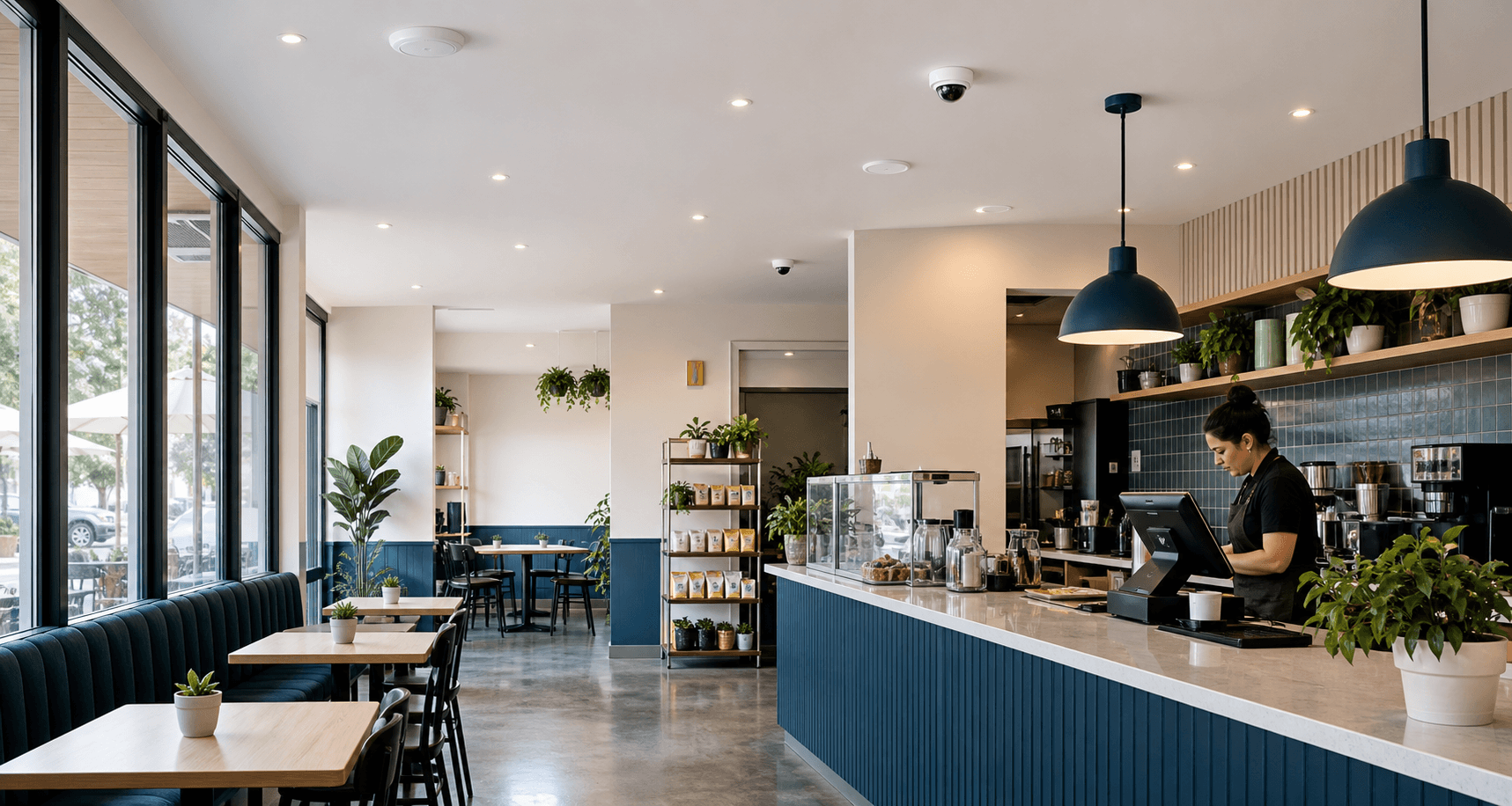 Small business interior with clean Wi-Fi and security camera installation